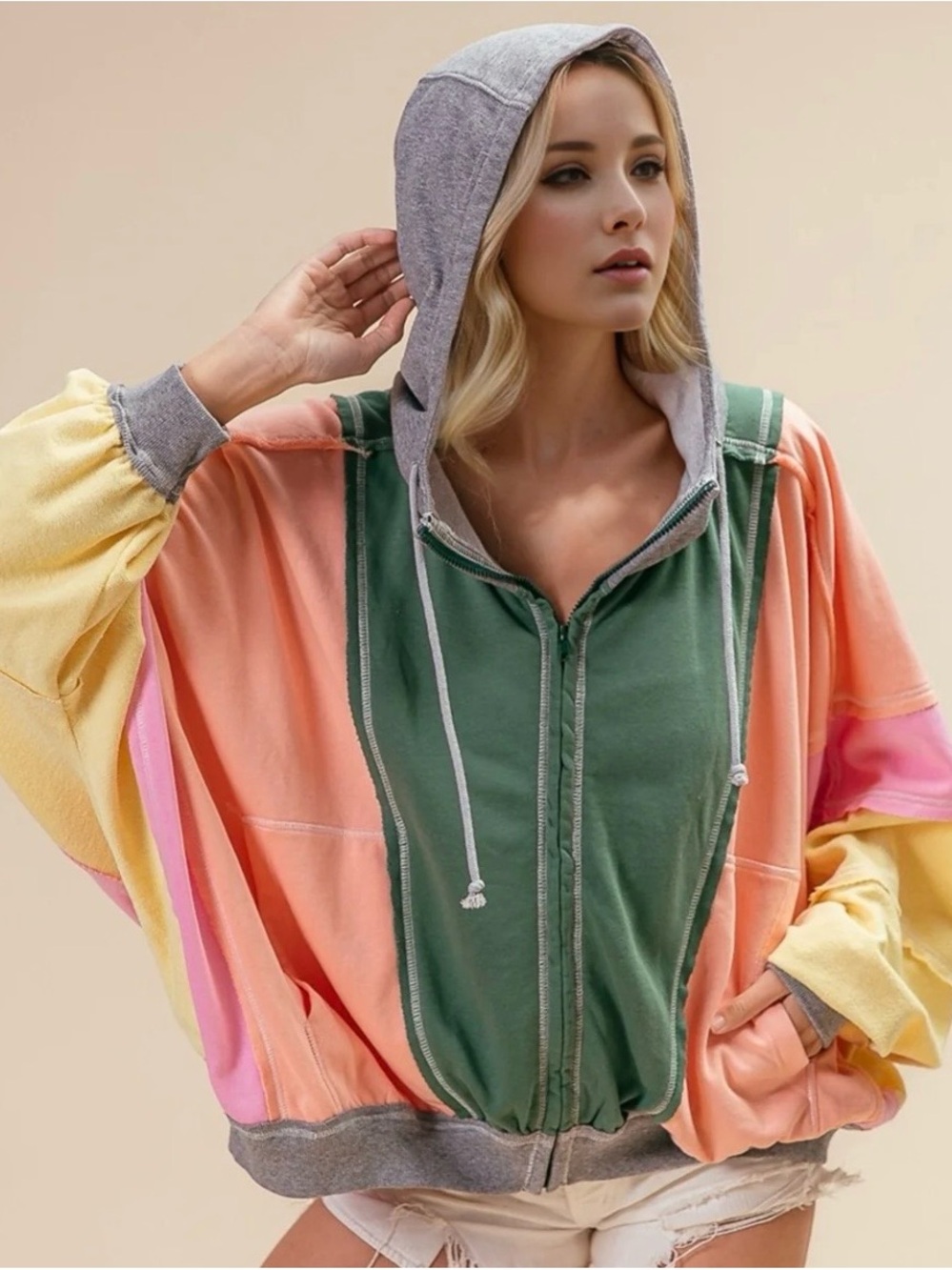 New Colorblock Hooded Zip-Up Top in Green, Peach & Yellow